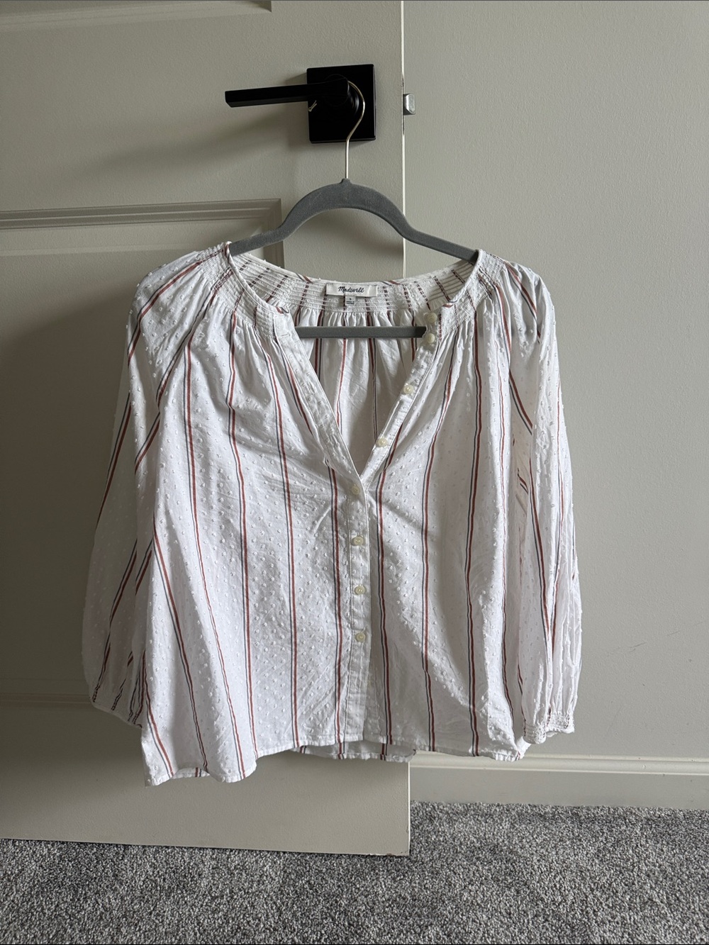 Madewell White Button-Front Blouse with Red Stripe